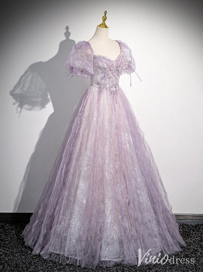 Lavender Puffed Sleeve Prom Dresses Pleated Tulle Beaded Lace Formal Dress AD1340-prom dresses 2025 -Viniodress-Lavender-Custom Size-