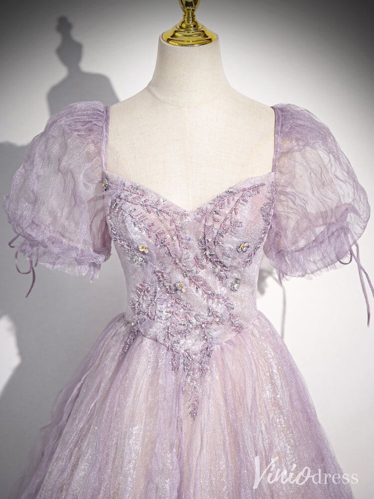 Lavender Puffed Sleeve Prom Dresses Pleated Tulle Beaded Lace Formal Dress AD1340-prom dresses 2025 -Viniodress-Lavender-Custom Size-