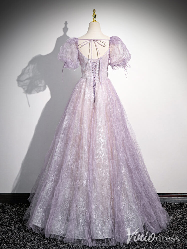 Lavender Puffed Sleeve Prom Dresses Pleated Tulle Beaded Lace Formal Dress AD1340-prom dresses-Viniodress-Viniodress