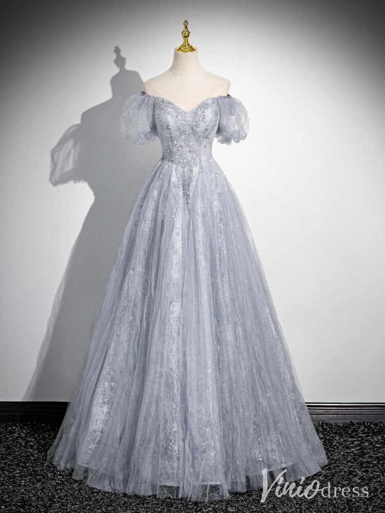 Lavender Puffed Sleeve Prom Dresses Pleated Tulle Beaded Lace Formal Dress AD1340-prom dresses-Viniodress-Viniodress