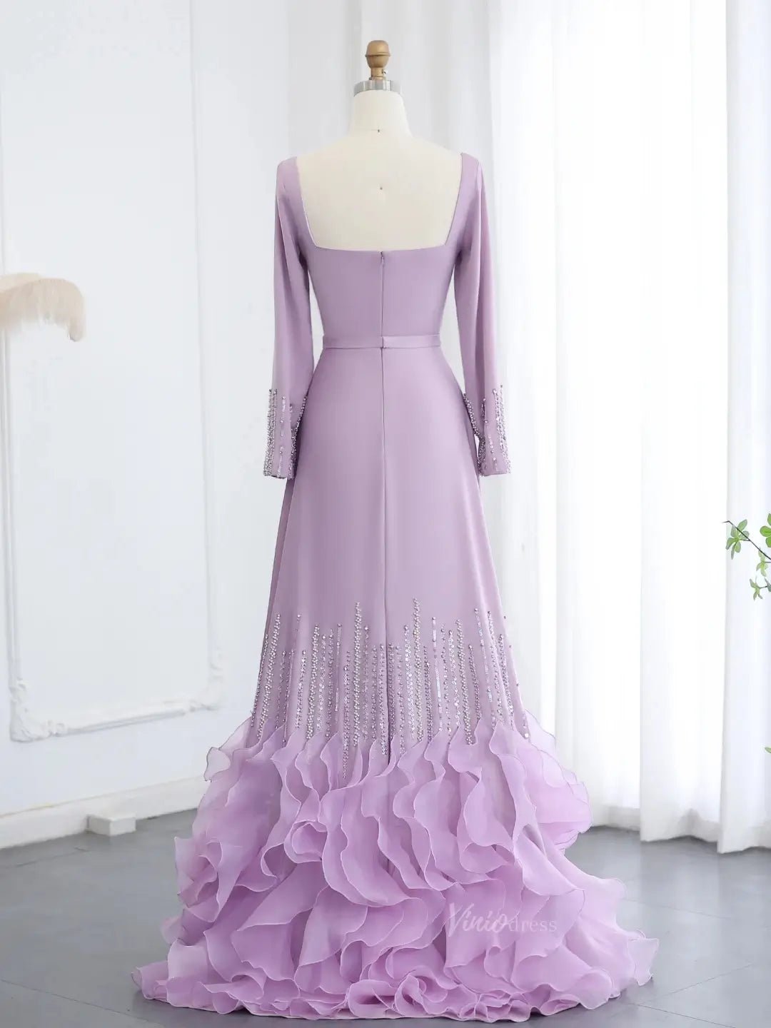 Lavender Ruffle Prom Dresses Elegant Formal Dresses Long Sleeves,Square Neck BD024-Evening Dresses 2025 -Viniodress-Lavender-US 2-