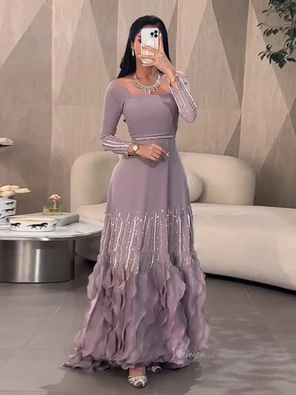 Lavender Ruffle Prom Dresses Elegant Formal Dresses Long Sleeves,Square Neck BD024-Evening Dresses 2025 -Viniodress-Lavender-US 2-