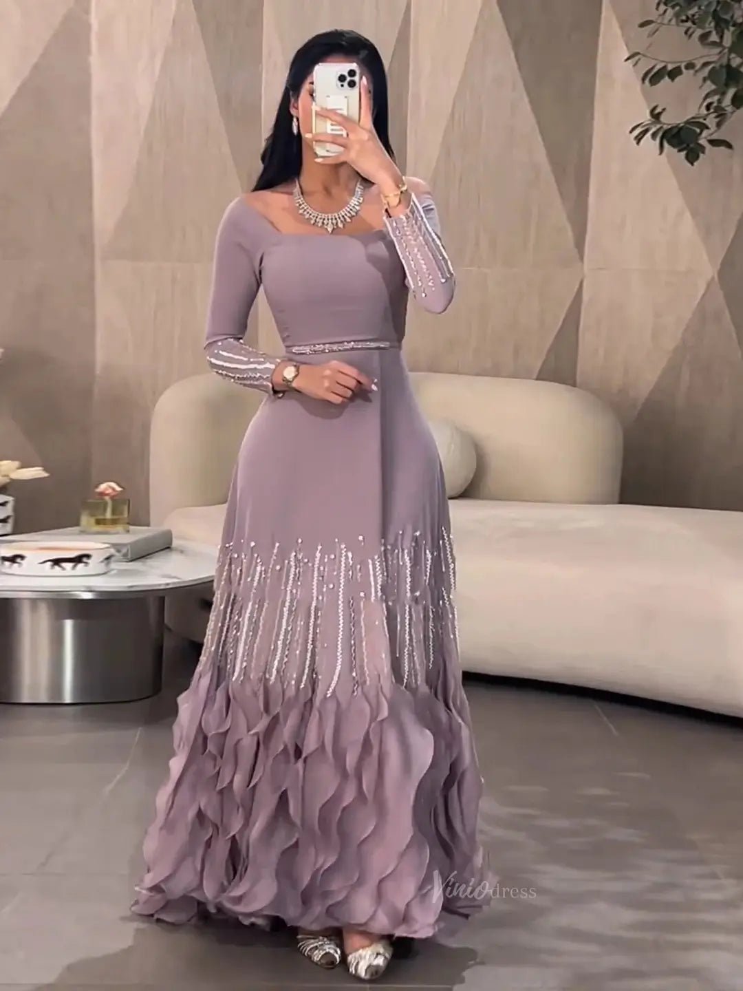 Lavender Ruffle Prom Dresses Elegant Formal Dresses Long Sleeves,Square Neck BD024-Evening Dresses 2025 -Viniodress-Lavender-US 2-