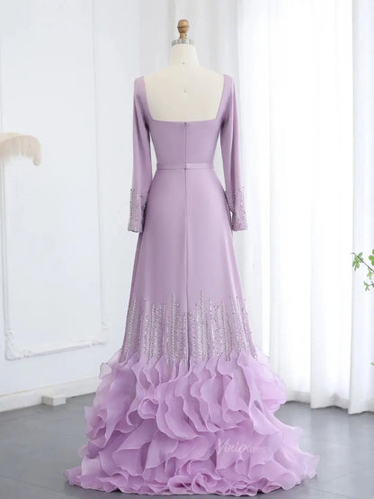 Lavender Ruffle Prom Dresses Elegant Formal Dresses Long Sleeves,Square Neck BD024-Evening Dresses 2025 -Viniodress-Lavender-US 2-
