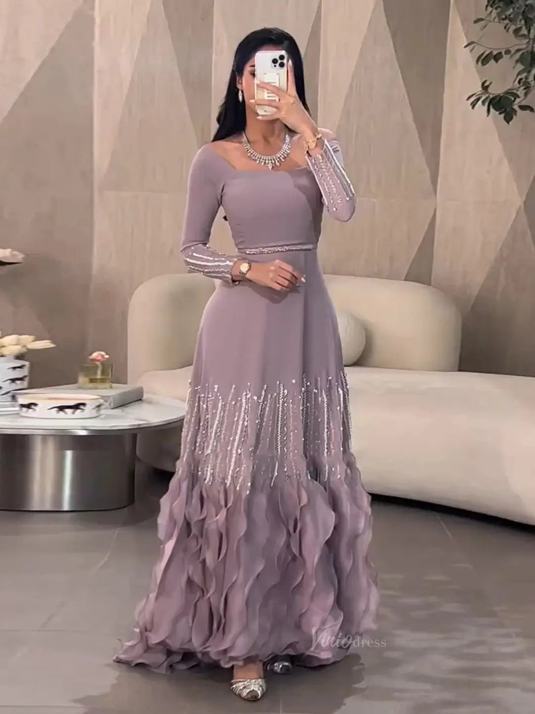 Lavender Ruffle Prom Dresses Elegant Formal Dresses Long Sleeves,Square Neck BD024-Evening Dresses 2025 -Viniodress-Lavender-US 2-