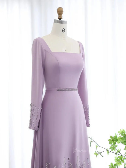 Lavender Ruffle Prom Dresses Elegant Formal Dresses Long Sleeves,Square Neck BD024-Evening Dresses 2025 -Viniodress-Lavender-US 2-