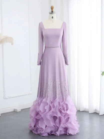 Lavender Ruffle Prom Dresses Elegant Formal Dresses Long Sleeves,Square Neck BD024-Evening Dresses 2025 -Viniodress-Lavender-US 2-