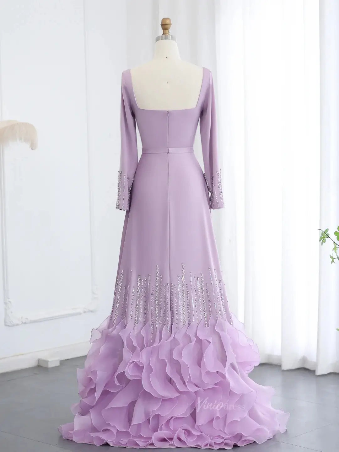 prom dresses 2025 Lavender Ruffle Prom Dresses Elegant Formal Dresses Long Sleeves,Square Neck BD024-plus size wedding dresses Viniodress-Lavender-US 2-