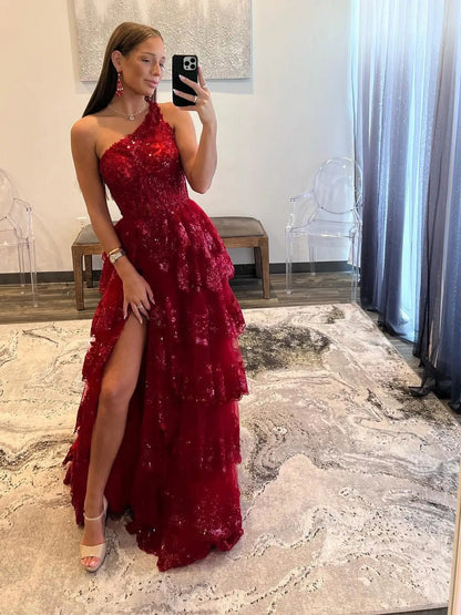 Lavender Ruffle Prom Dresses Skirt with Slit One Shoulder Formal Dresses FD3637C-prom dresses 2025 -Viniodress-Burgundy-Custom Size-