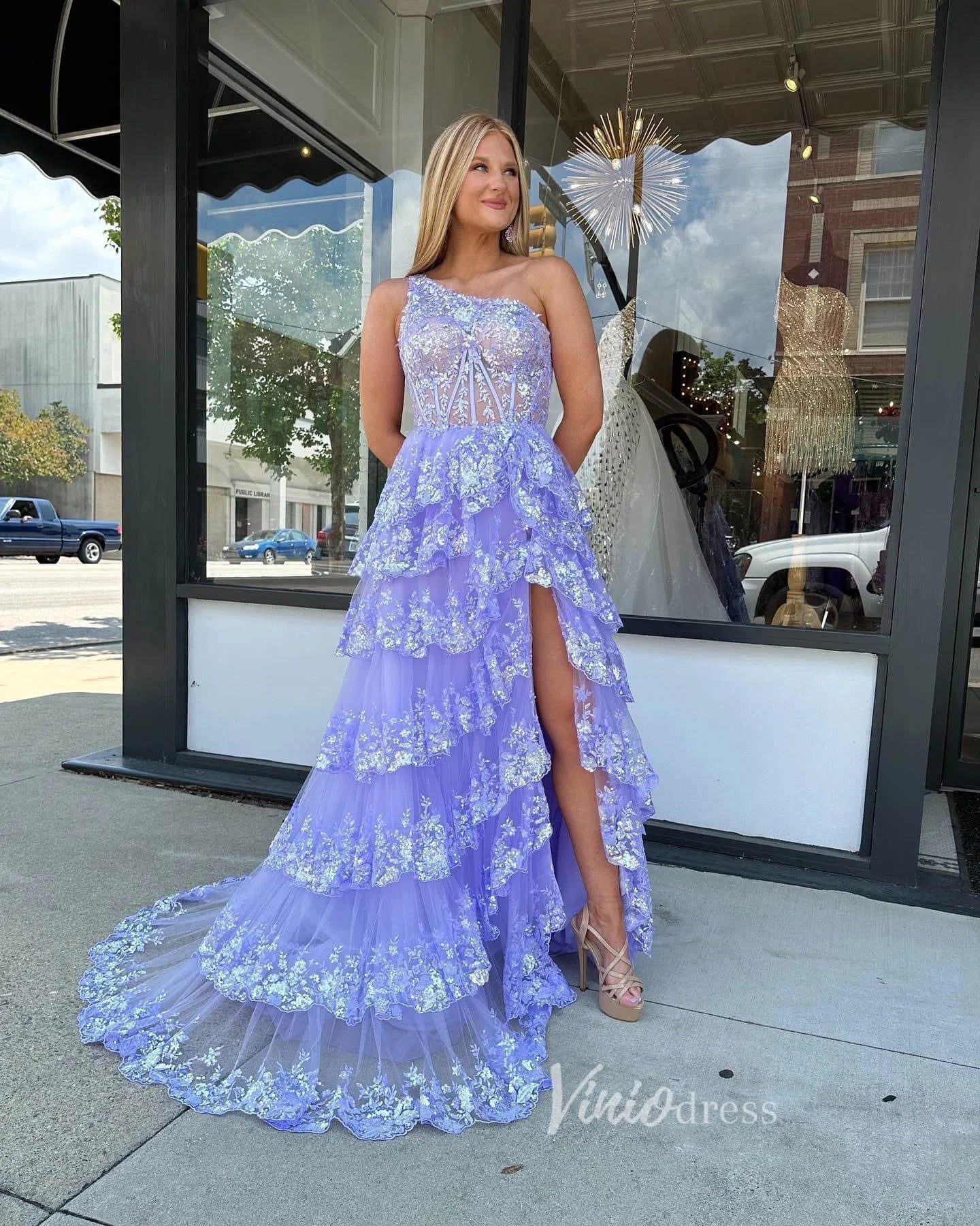Lavender Ruffle Prom Dresses Skirt with Slit One Shoulder Formal Dress Viniodress Lavender Ruffle Prom Dresses Skirt with Slit One Shoulder Formal Dress Viniodress