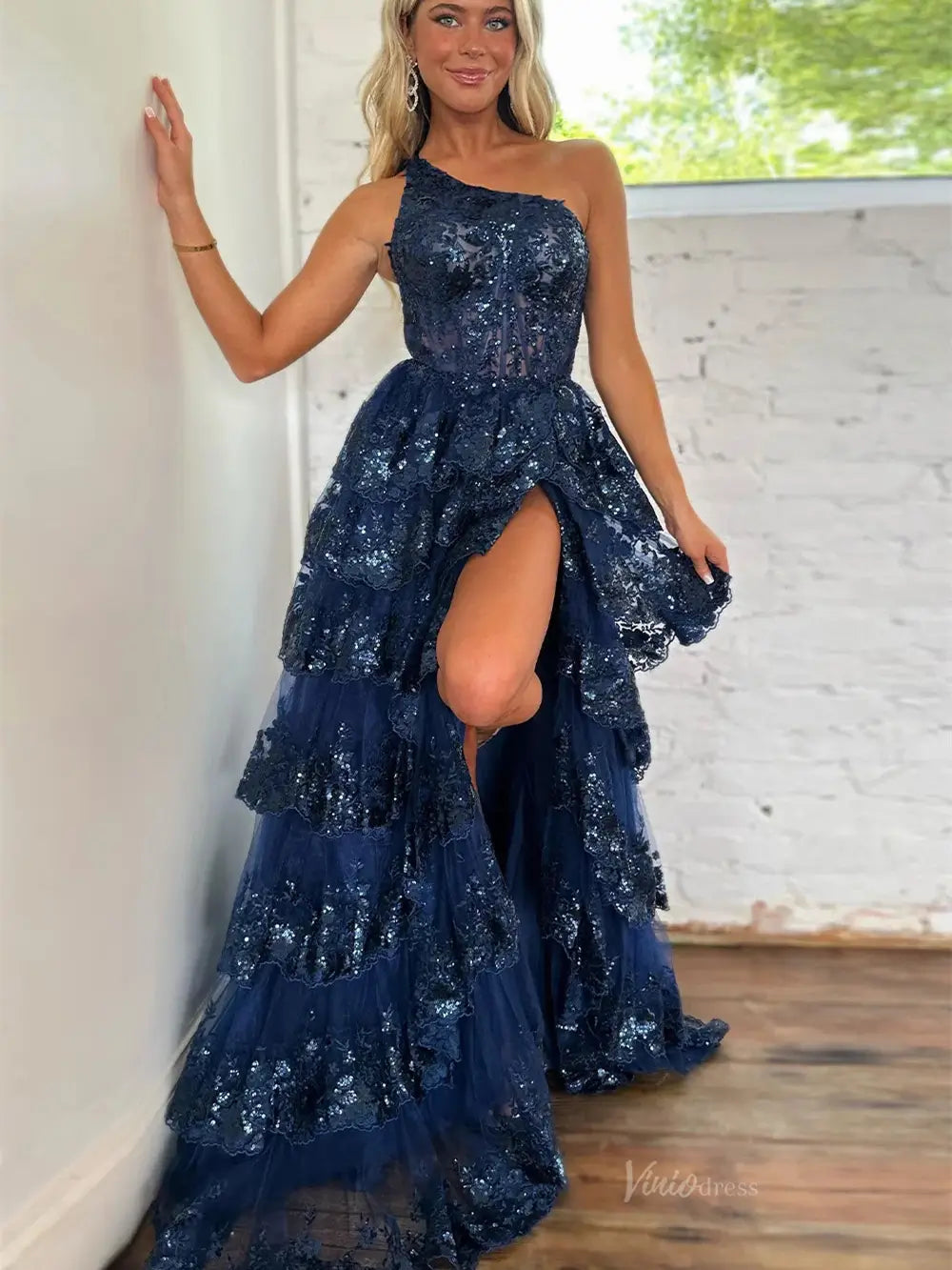 prom dresses 2025 Lavender Ruffle Prom Dresses Skirt with Slit One Shoulder Formal Dresses FD3637C-plus size wedding dresses Viniodress-Navy-Custom Size-