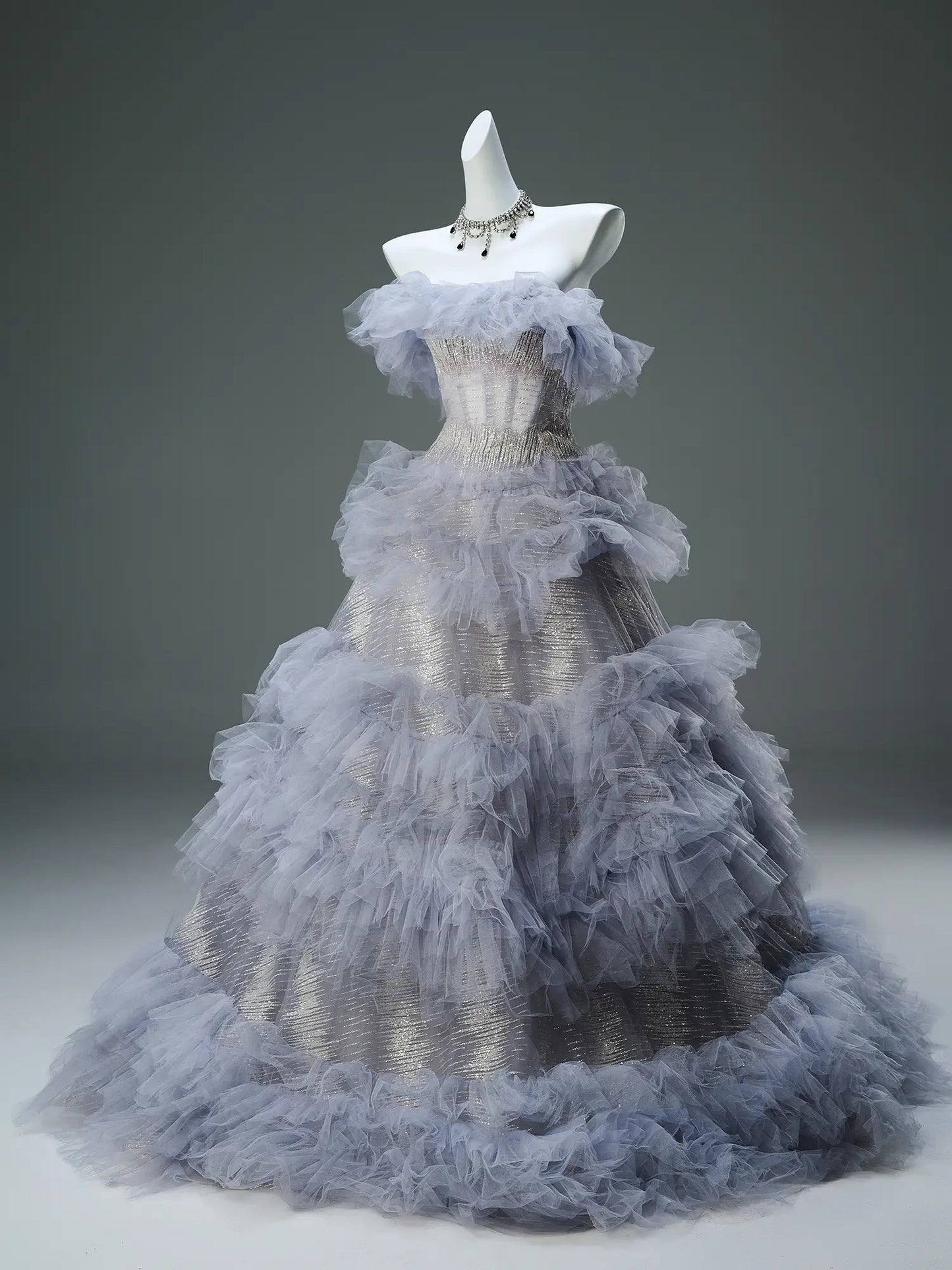 Lavender Ruffled Formal Dress Off the Shoulder Sparkly Tulle Evening Gown - CQ0131-Couture Gown 2025 -Viniodress-Lavender-Custom Size-