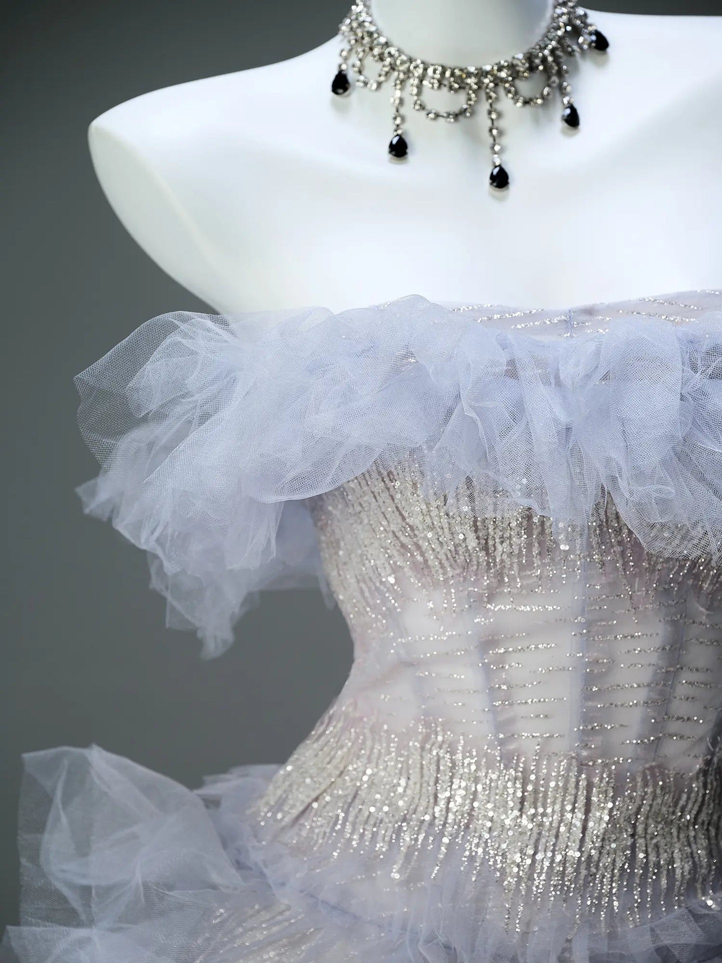 Lavender Ruffled Formal Dress Off the Shoulder Sparkly Tulle Evening Gown - CQ0131-Couture Gown 2025 -Viniodress-Lavender-Custom Size-