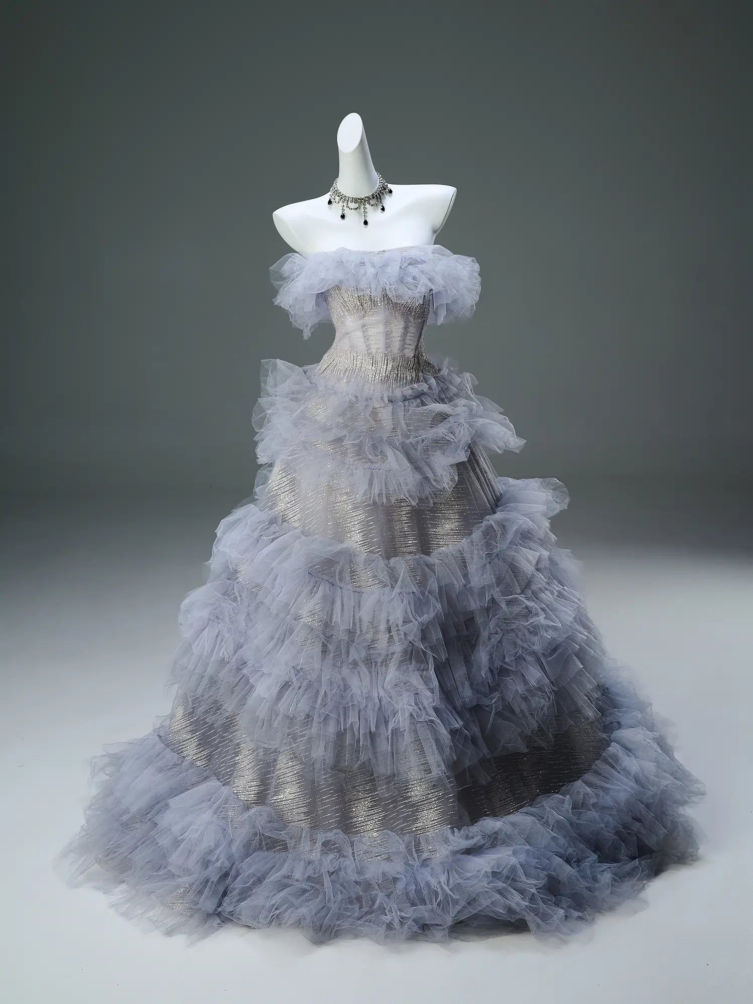 Lavender Ruffled Formal Dress Off the Shoulder Sparkly Tulle Evening Gown - CQ0131-Couture Gown 2025 -Viniodress-Lavender-Custom Size-