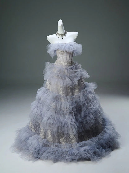 Lavender Ruffled Formal Dress Off the Shoulder Sparkly Tulle Evening Gown - CQ0131-Couture Gown 2025 -Viniodress-Lavender-Custom Size-
