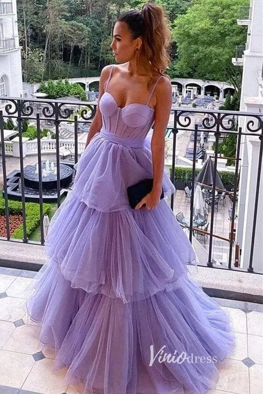 Lavender Ruffled Prom Dresses Spaghetti Strap Formal Gown FD3316-prom dresses 2025 -Viniodress-Lavender-Custom Size-