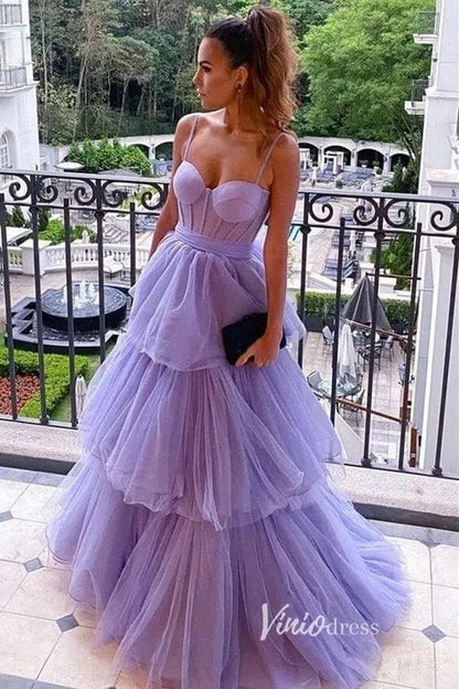 Lavender Ruffled Prom Dresses Spaghetti Strap Formal Gown FD3316-prom dresses 2025 -Viniodress-Lavender-Custom Size-