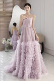 Lavender Ruffled Prom Dresses Strapless Beaded Evening Dress AD1061-prom dresses-Viniodress-Viniodress