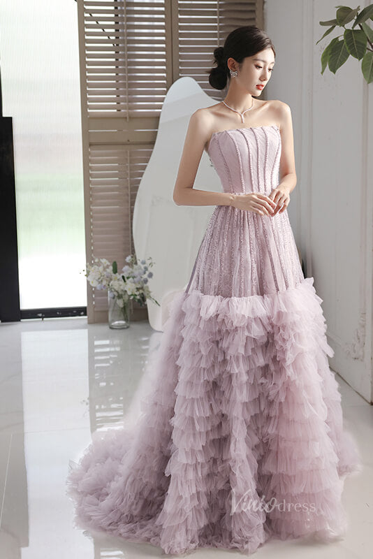 Lavender Ruffled Prom Dresses Strapless Beaded Evening Dress AD1061-prom dresses-Viniodress-Lavender-Custom Size-Viniodress