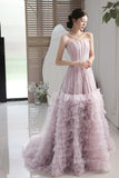 Lavender Ruffled Prom Dresses Strapless Beaded Evening Dress AD1061
