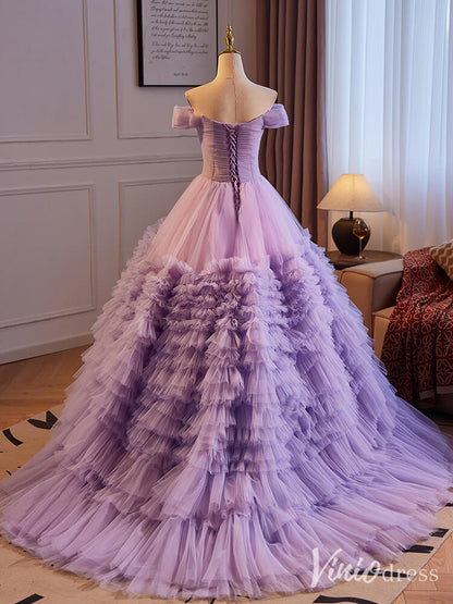Lavender Ruffled Tiered Prom Dresses Off the Shoulder Quinceanera Dress 90067-prom dresses 2025 -Viniodress-Lavender-Custom Size-