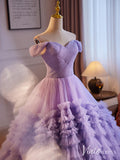 Lavender Ruffled Tiered Prom Dresses Off the Shoulder Quinceanera Dress 90067-prom dresses-Viniodress-Viniodress