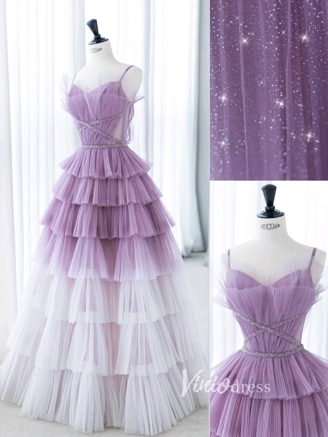 Lavender Ruffled Tulle Prom Dresses Spaghetti Strap Formal Gown FD3412-prom dresses 2025 -Viniodress-Lavender-Custom Size-