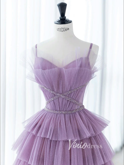 Lavender Ruffled Tulle Prom Dresses Spaghetti Strap Formal Gown FD3412-prom dresses 2025 -Viniodress-Lavender-Custom Size-