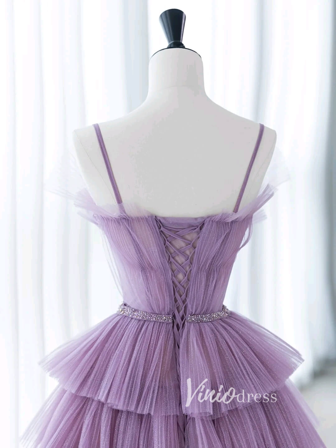Lavender Ruffled Tulle Prom Dresses Spaghetti Strap Formal Gown FD3412-prom dresses 2025 -Viniodress-Lavender-Custom Size-