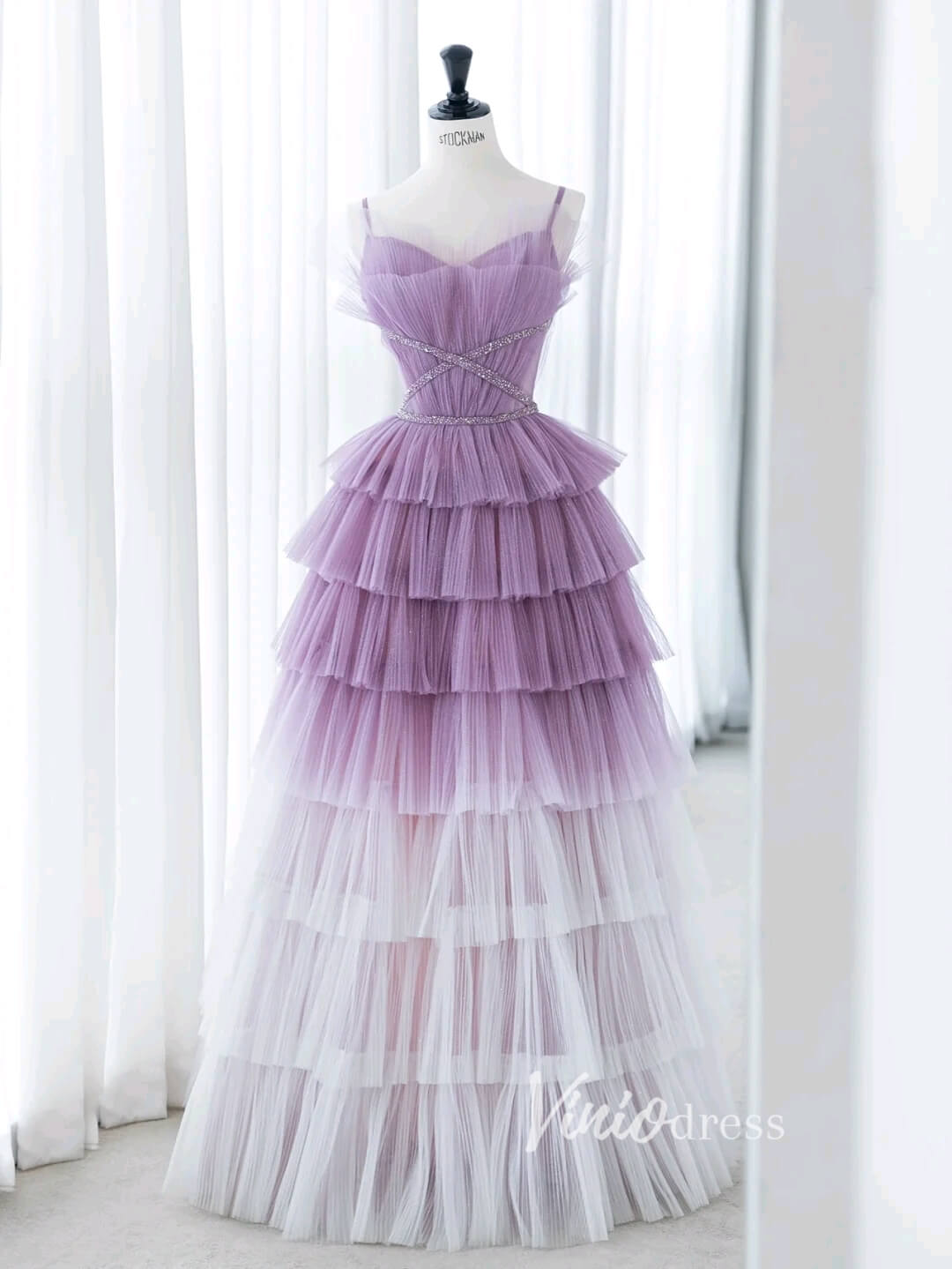 Lavender Ruffled Tulle Prom Dresses Spaghetti Strap Formal Gown FD3412-prom dresses 2025 -Viniodress-Lavender-Custom Size-