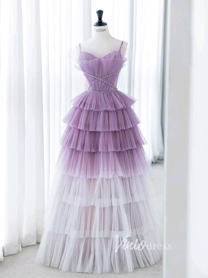Lavender Ruffled Tulle Prom Dresses Spaghetti Strap Formal Gown FD3412-prom dresses 2025 -Viniodress-Lavender-Custom Size-