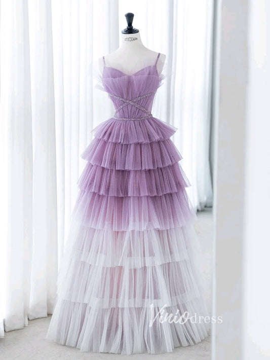 Lavender Ruffled Tulle Prom Dresses Spaghetti Strap Formal Gown FD3412-prom dresses 2025 -Viniodress-Lavender-Custom Size-