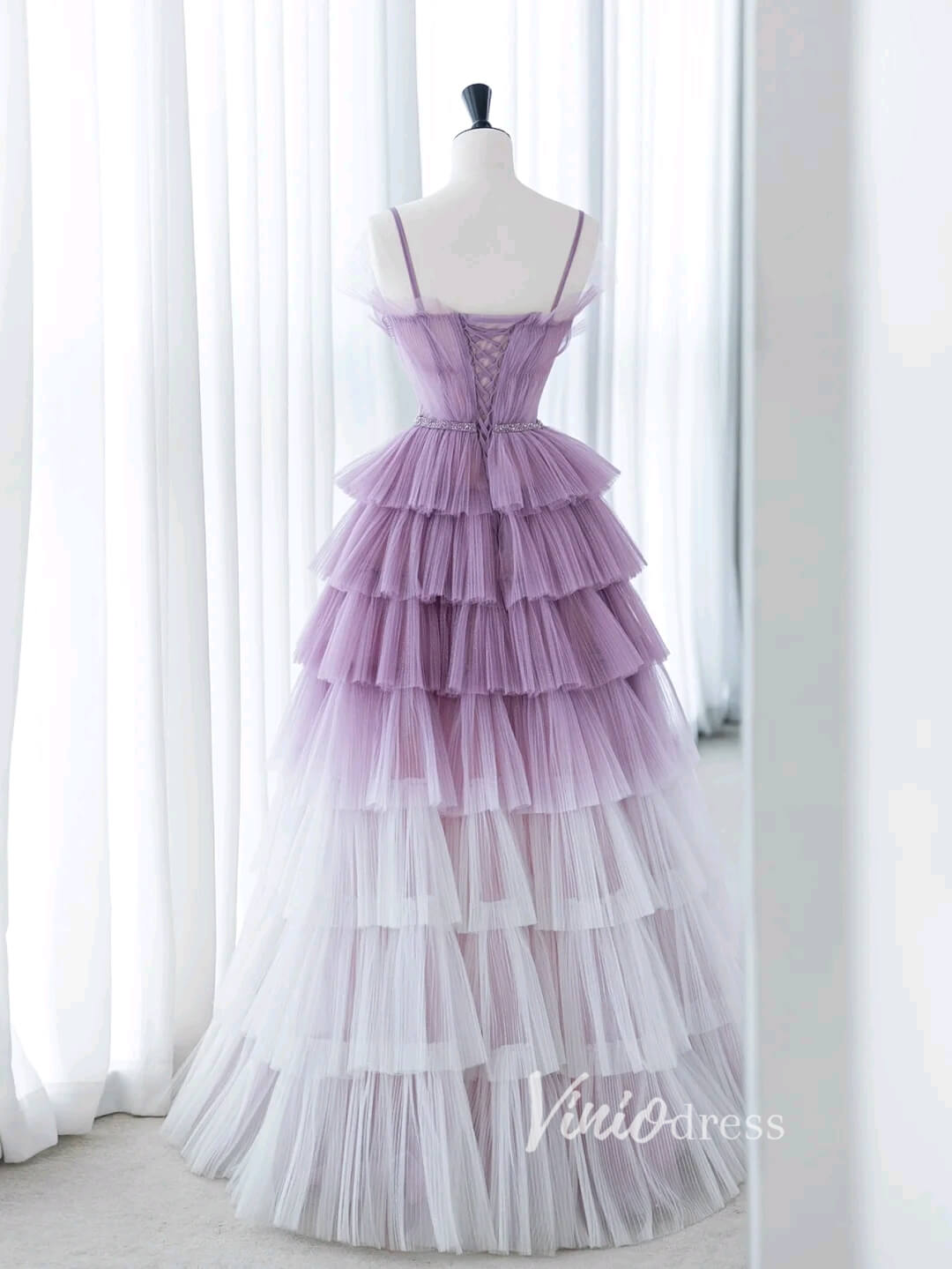 Lavender Ruffled Tulle Prom Dresses Spaghetti Strap Formal Gown FD3412 Viniodress Lavender Ruffled Tulle Prom Dresses Spaghetti Strap Formal Gown FD3412 Viniodress
