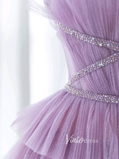 Lavender Ruffled Tulle Prom Dresses Spaghetti Strap Formal Gown FD3412-prom dresses 2025 -Viniodress-Lavender-Custom Size-