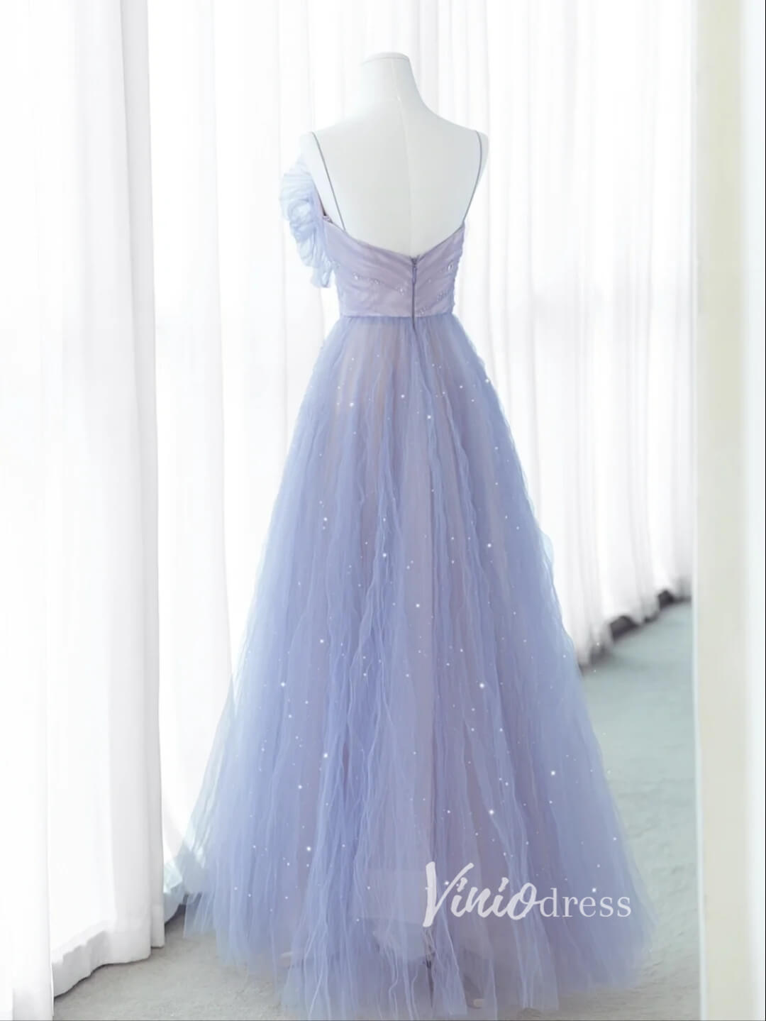 Lavender Ruffled Tulle Prom Dresses Spaghetti Strap Formal Gown FD3413B-prom dresses 2025 -Viniodress-Lavender-Custom Size-