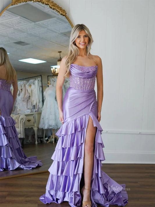 Lavender Satin Mermaid Prom Dresses with Slit, Beaded Bodice & Tiered Bottom - FD3755-prom dresses 2025 -Viniodress-Lavender-Custom Size-