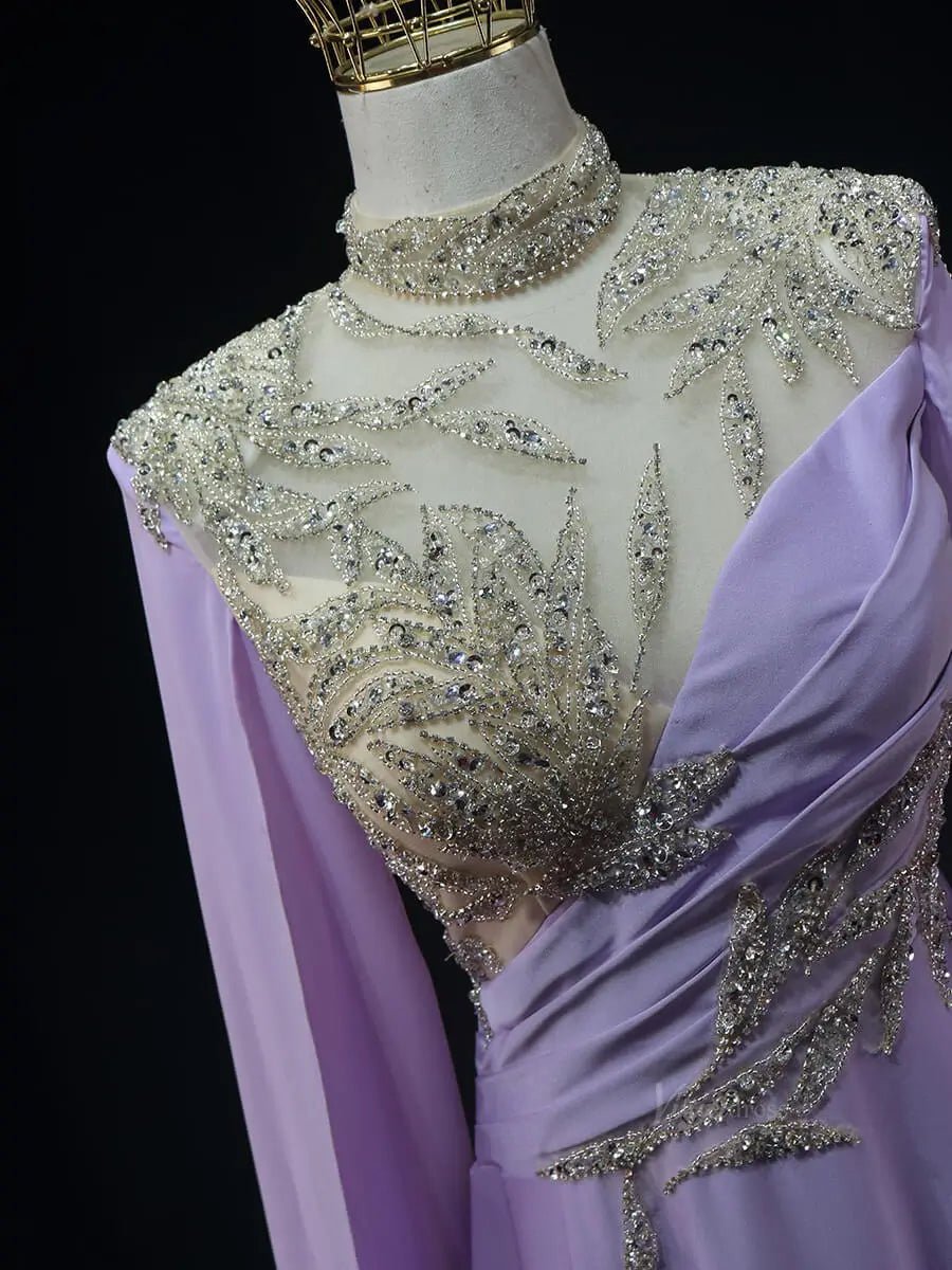 Lavender Satin Prom Dresses with Cape Sleeve, Beaded Lace, High Neck, Pageant Dresses SU060-prom dresses 2025 -Viniodress-Lavender-Custom Size-