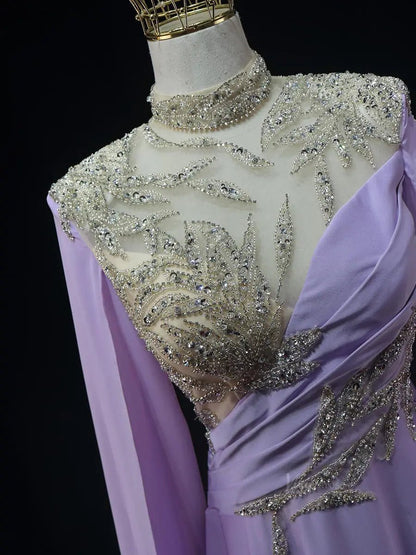 Lavender Satin Prom Dresses with Cape Sleeve, Beaded Lace, High Neck, Pageant Dresses SU060-prom dresses 2025 -Viniodress-Lavender-Custom Size-
