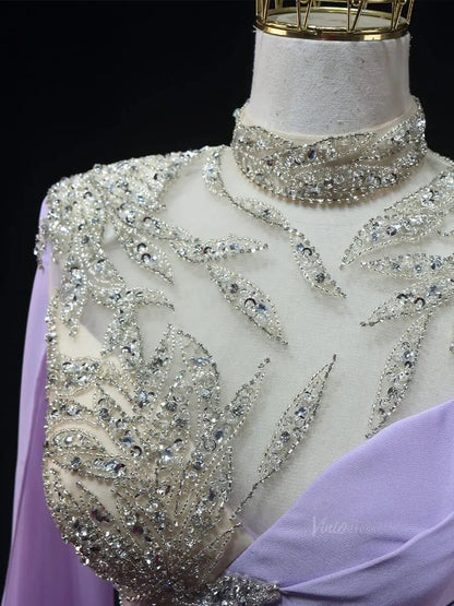 Lavender Satin Prom Dresses with Cape Sleeve, Beaded Lace, High Neck, Pageant Dresses SU060-prom dresses 2025 -Viniodress-Lavender-Custom Size-