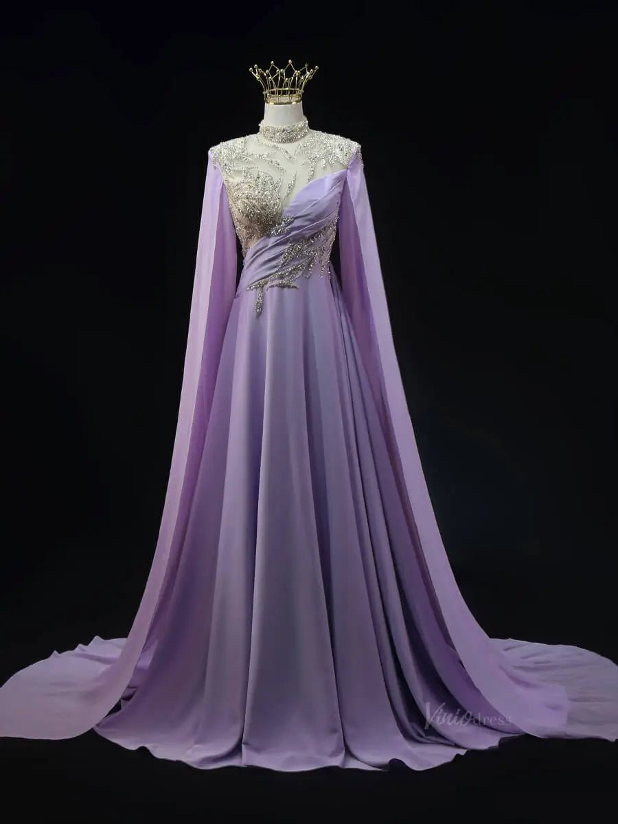 Lavender Satin Prom Dresses with Cape Sleeve, Beaded Lace, High Neck, Pageant Dresses SU060-prom dresses 2025 -Viniodress-Lavender-Custom Size-