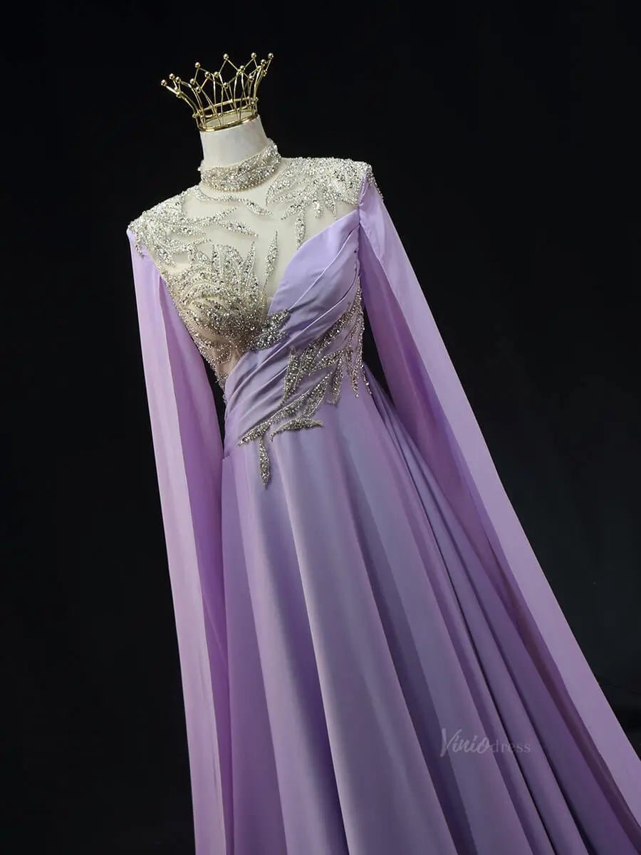 Lavender Satin Prom Dresses with Cape Sleeve, Beaded Lace, High Neck, Pageant Dresses SU060 - Viniodressprom dressesLavenderCustom Size - Formal Dresses - Ball Gowns