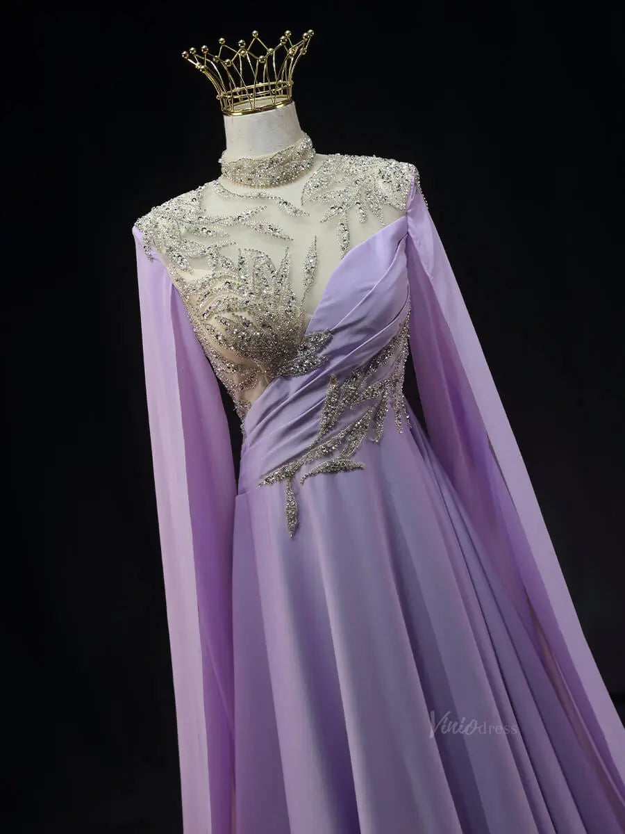 prom dresses 2025 Lavender Satin Prom Dresses with Cape Sleeve, Beaded Lace, High Neck, Pageant Dresses SU060-plus size wedding dresses Viniodress-Lavender-Custom Size-