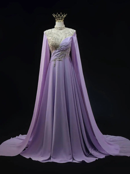 Lavender Satin Prom Dresses with Cape Sleeve, Beaded Lace, High Neck, Pageant Dresses SU060 - Viniodressprom dressesLavenderCustom Size - Formal Dresses - Ball Gowns