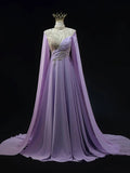 prom dresses 2025 Lavender Satin Prom Dresses with Cape Sleeve, Beaded Lace, High Neck, Pageant Dresses SU060-plus size wedding dresses Viniodress-Lavender-Custom Size-