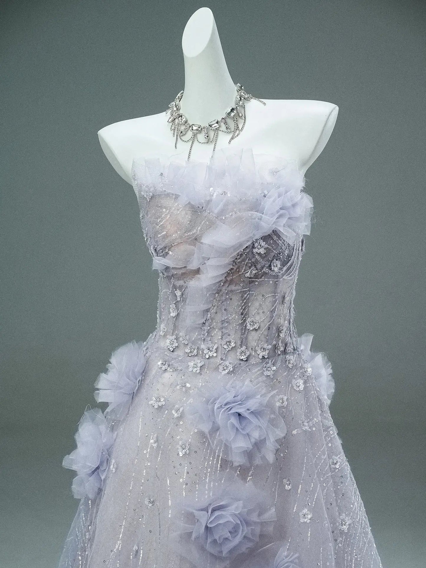 Lavender Sequin Lace Prom Dresses with 3D Flower, Ruffled Neckline & Sheer Boned Bodice - CQ0119-Couture Gown 2025 -Viniodress-Lavender-Custom Size-