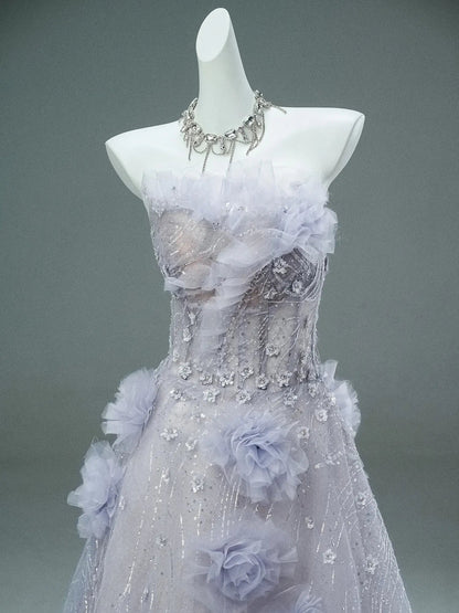 Lavender Sequin Lace Prom Dresses with 3D Flower, Ruffled Neckline & Sheer Boned Bodice - CQ0119-Couture Gown 2025 -Viniodress-Lavender-Custom Size-