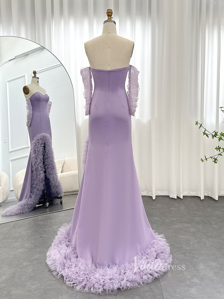 Lavender Sheath Strapless Prom Dresses with Ruffled Slit Sheer Sleeve Pageant Dress AD1179-Evening Dresses 2025 -Viniodress-Lavender-US 2-