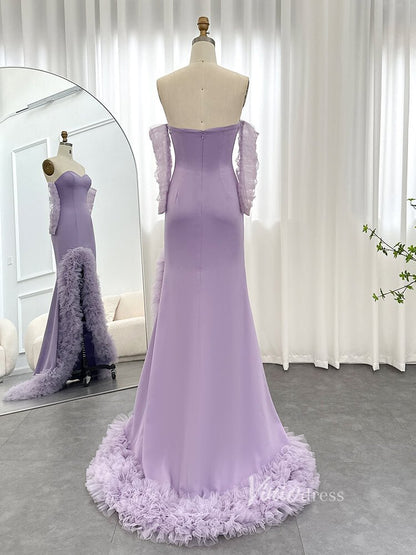 Lavender Sheath Strapless Prom Dresses with Ruffled Slit Sheer Sleeve Pageant Dress AD1179-Evening Dresses 2025 -Viniodress-Lavender-US 2-