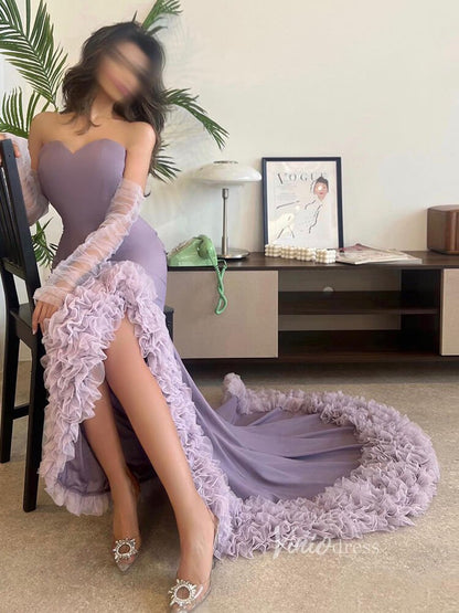 Lavender Sheath Strapless Prom Dresses with Ruffled Slit Sheer Sleeve Pageant Dress AD1179-Evening Dresses 2025 -Viniodress-Lavender-US 2-