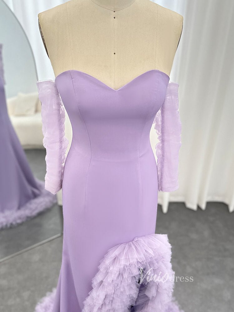 Lavender Sheath Strapless Prom Dresses with Ruffled Slit Sheer Sleeve Pageant Dress AD1179-Evening Dresses 2025 -Viniodress-Lavender-US 2-